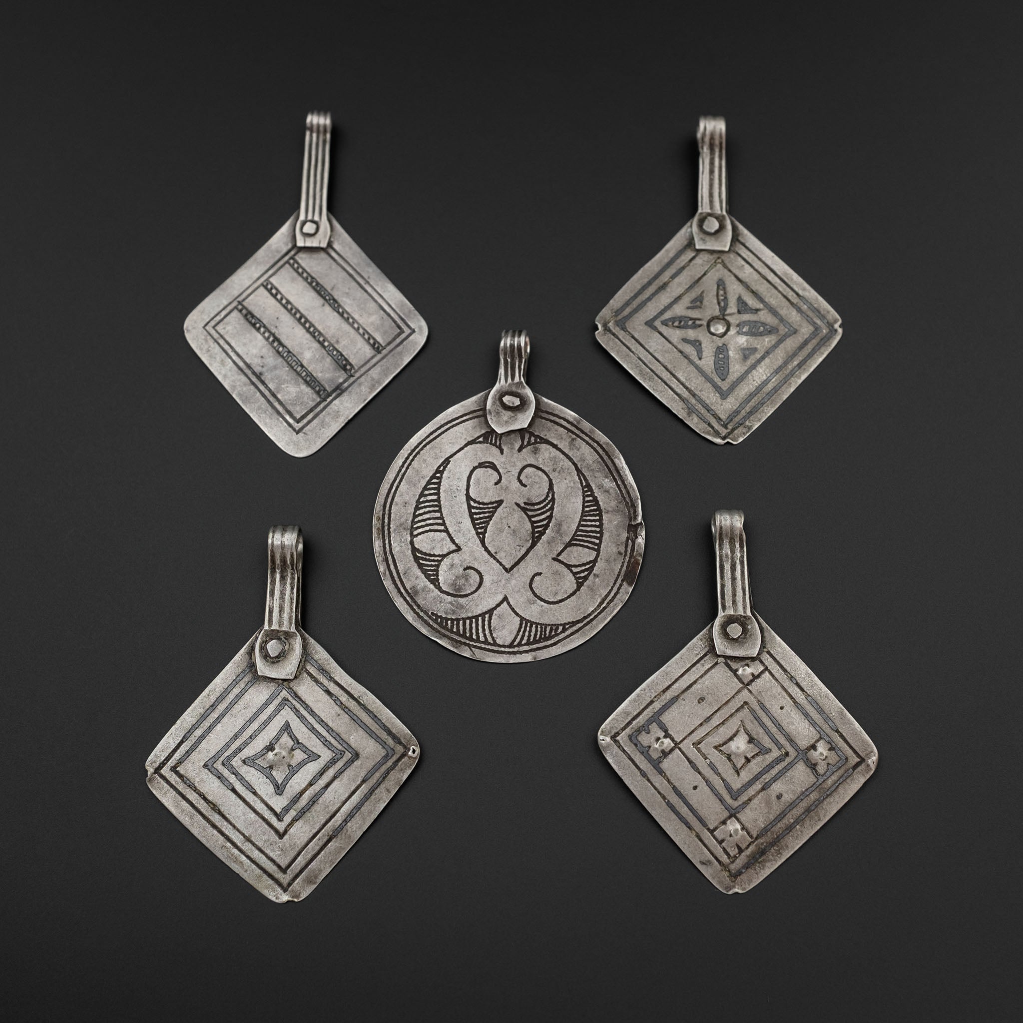 Old Large Silver Amazigh (Berber) Pendants x 5, Morocco