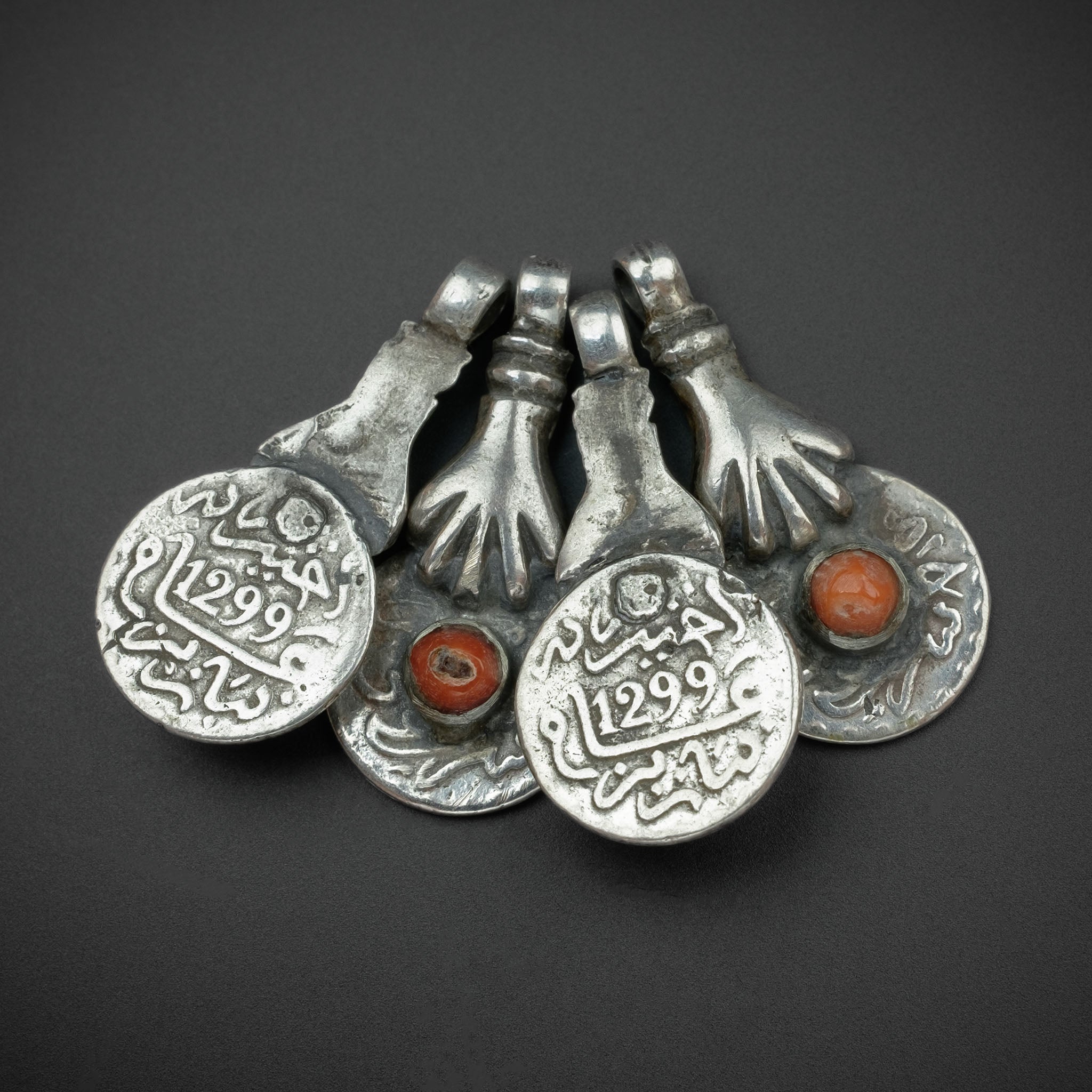 Antique Silver Coin & Hamsa Pendants, Morocco