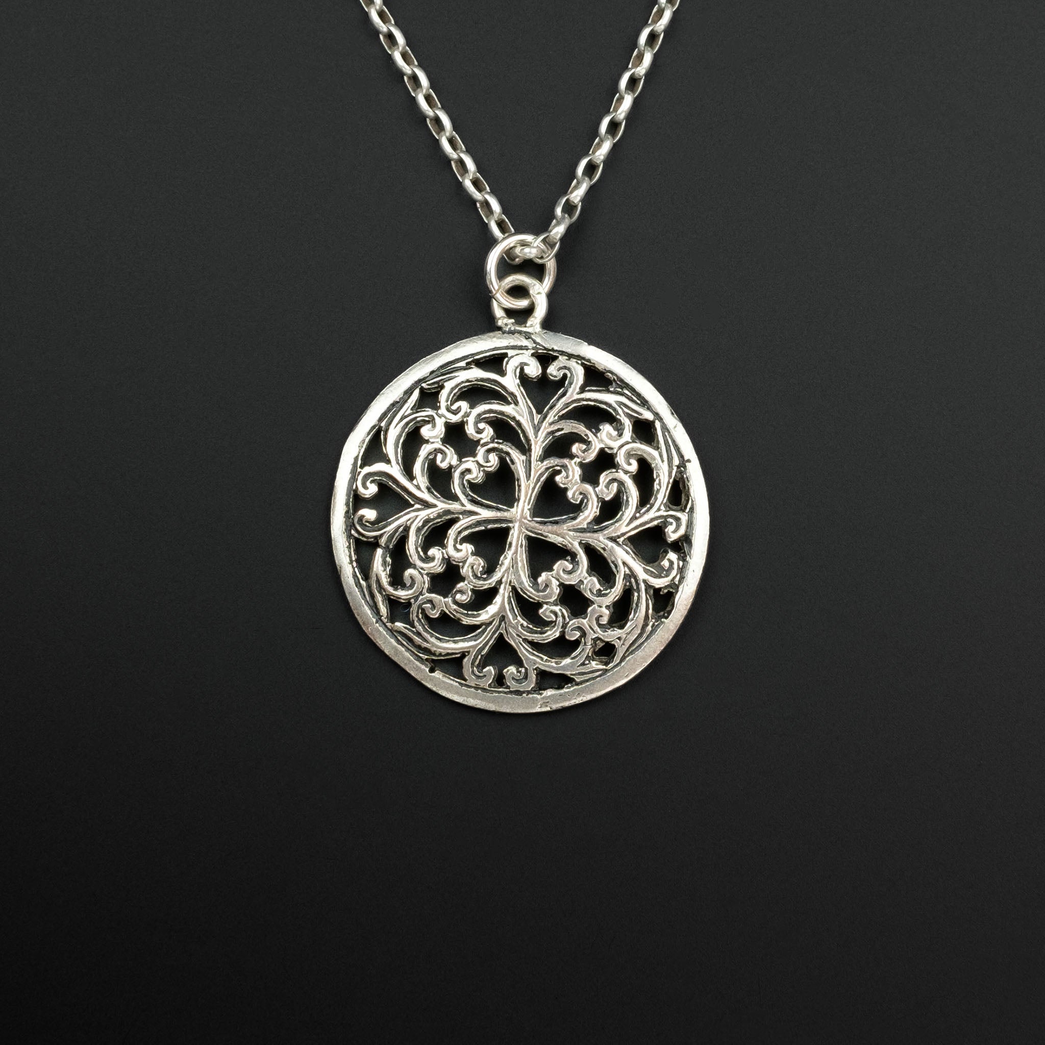 Silver Floral Disc Pendant & Chain, Morocco