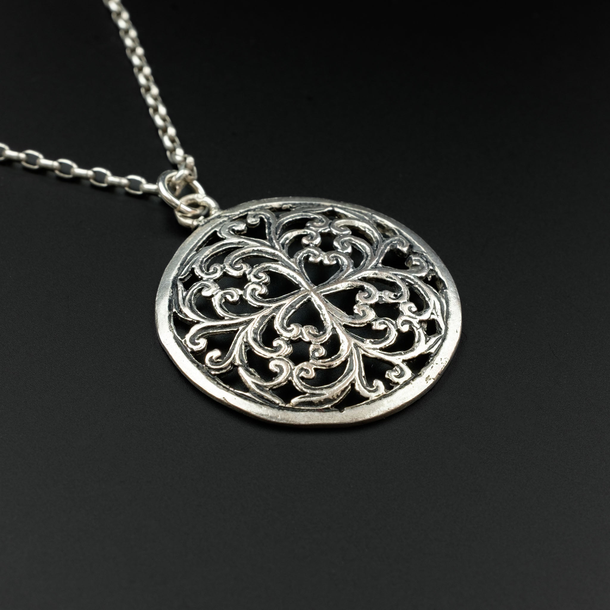 Silver Floral Disc Pendant & Chain, Morocco