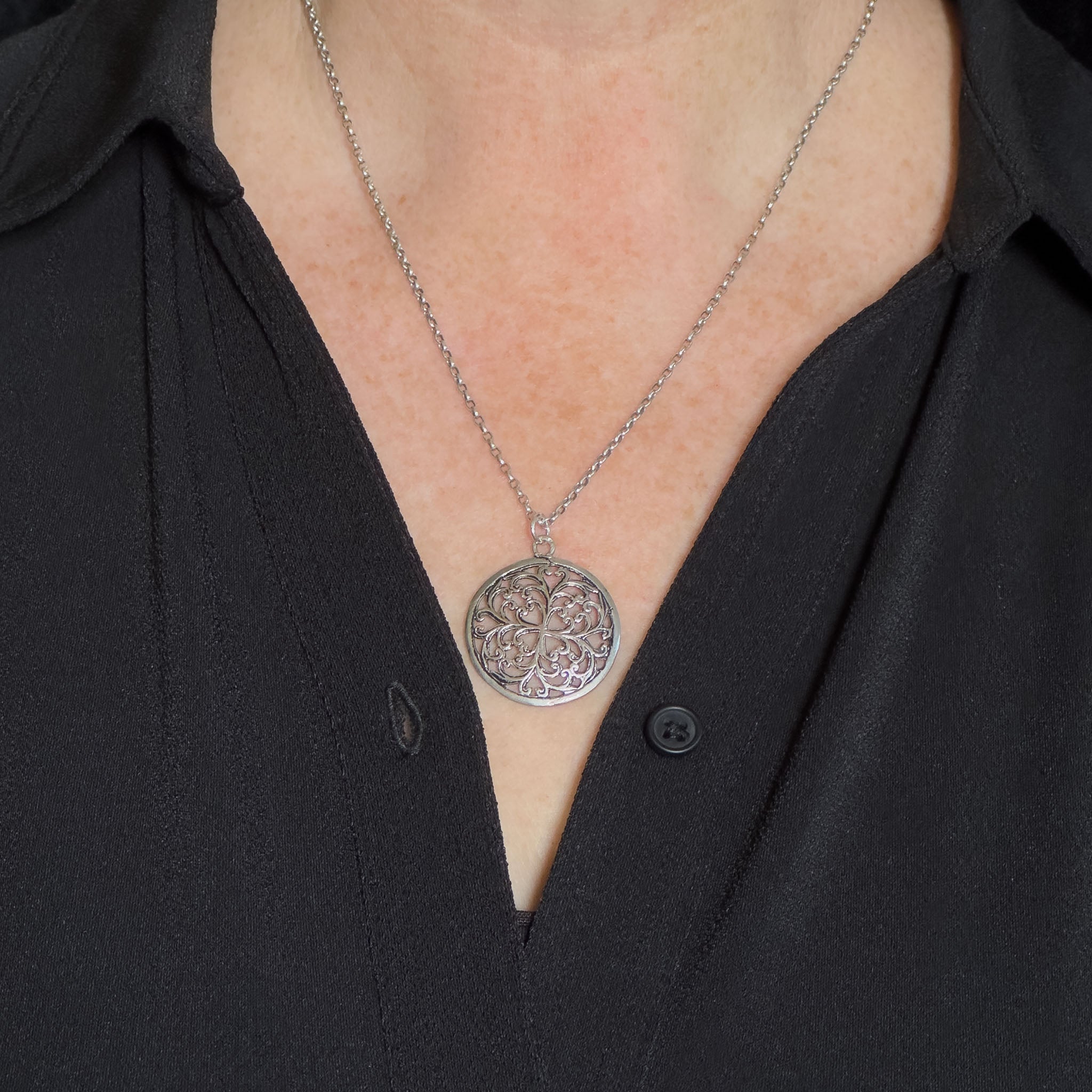 Silver Floral Disc Pendant & Chain, Morocco