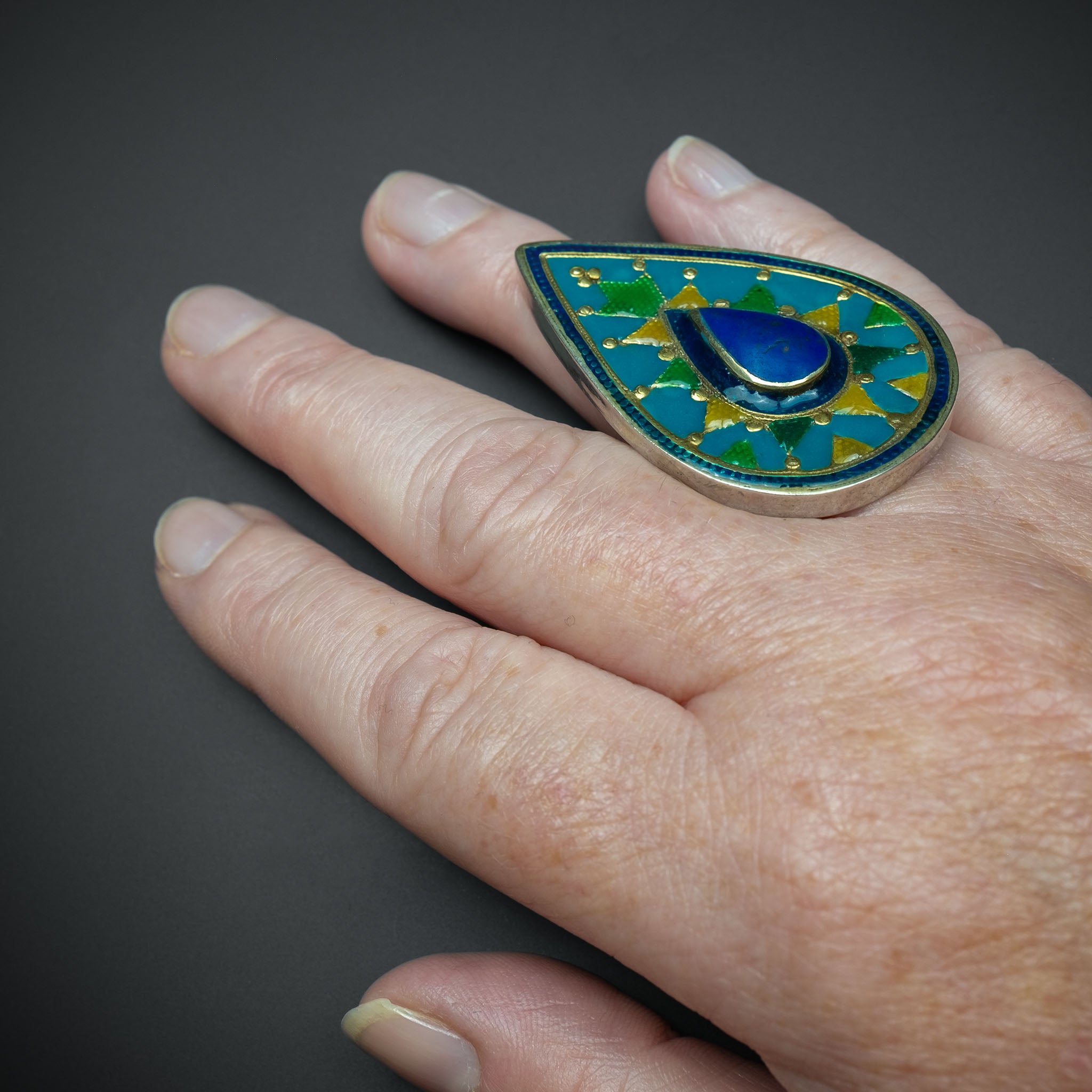 Large Silver Kazakh Style Teardrop Ring, Afghanistan