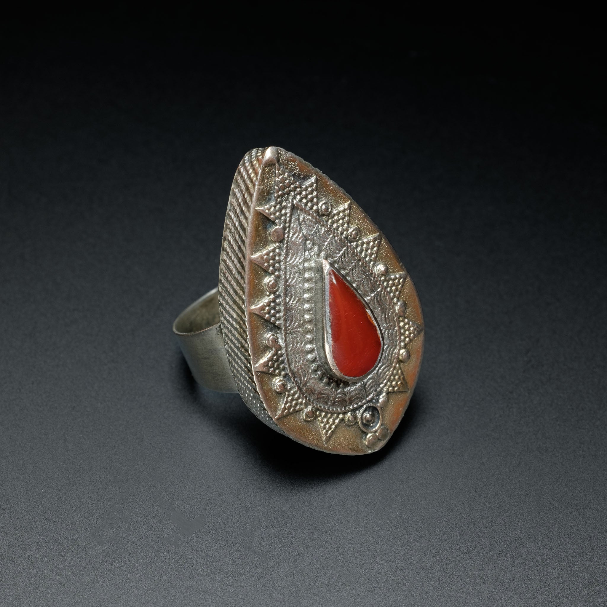 Vintage Silver Gilded Kazakh Teardrop Ring, Central Asia