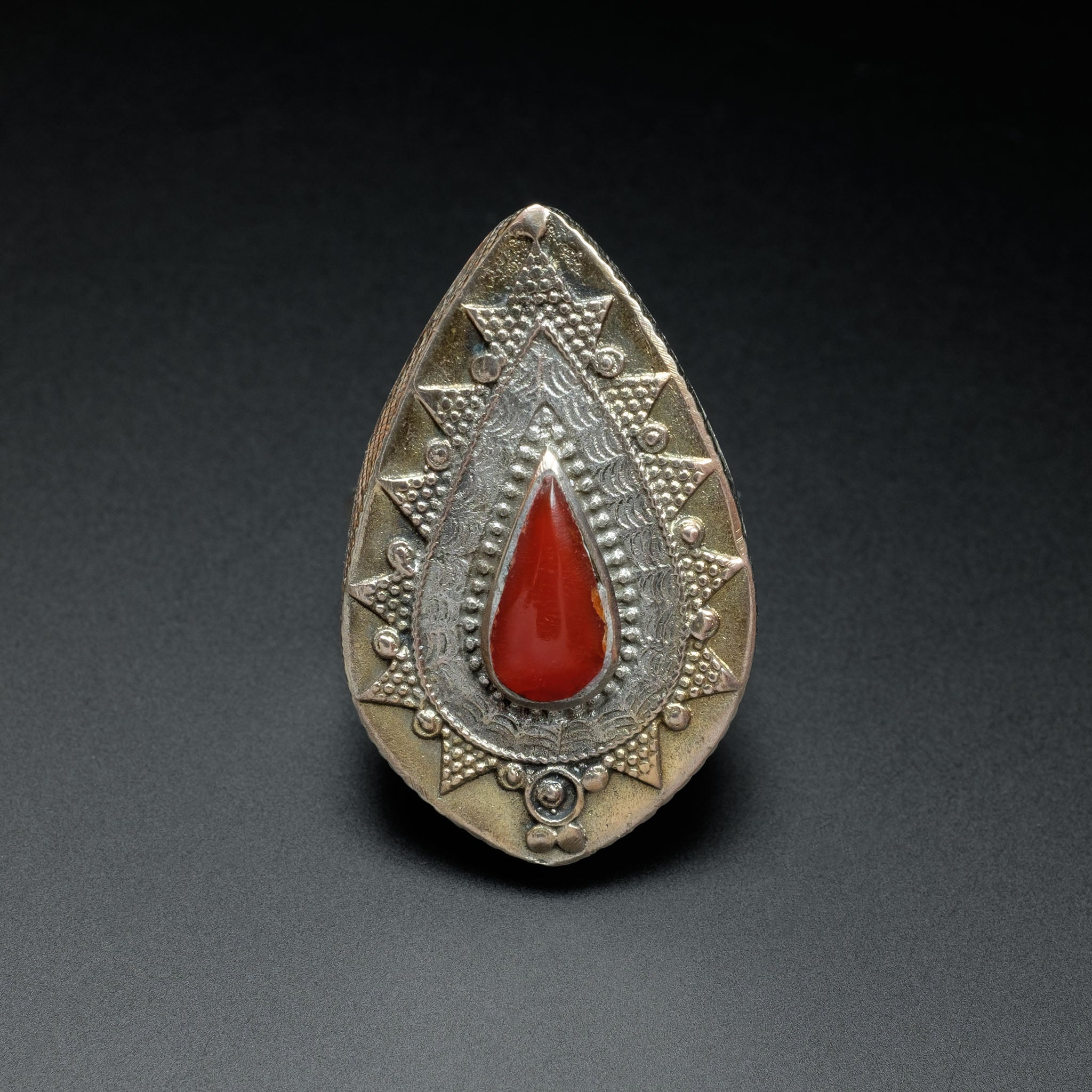 Vintage Silver Gilded Kazakh Teardrop Ring, Central Asia