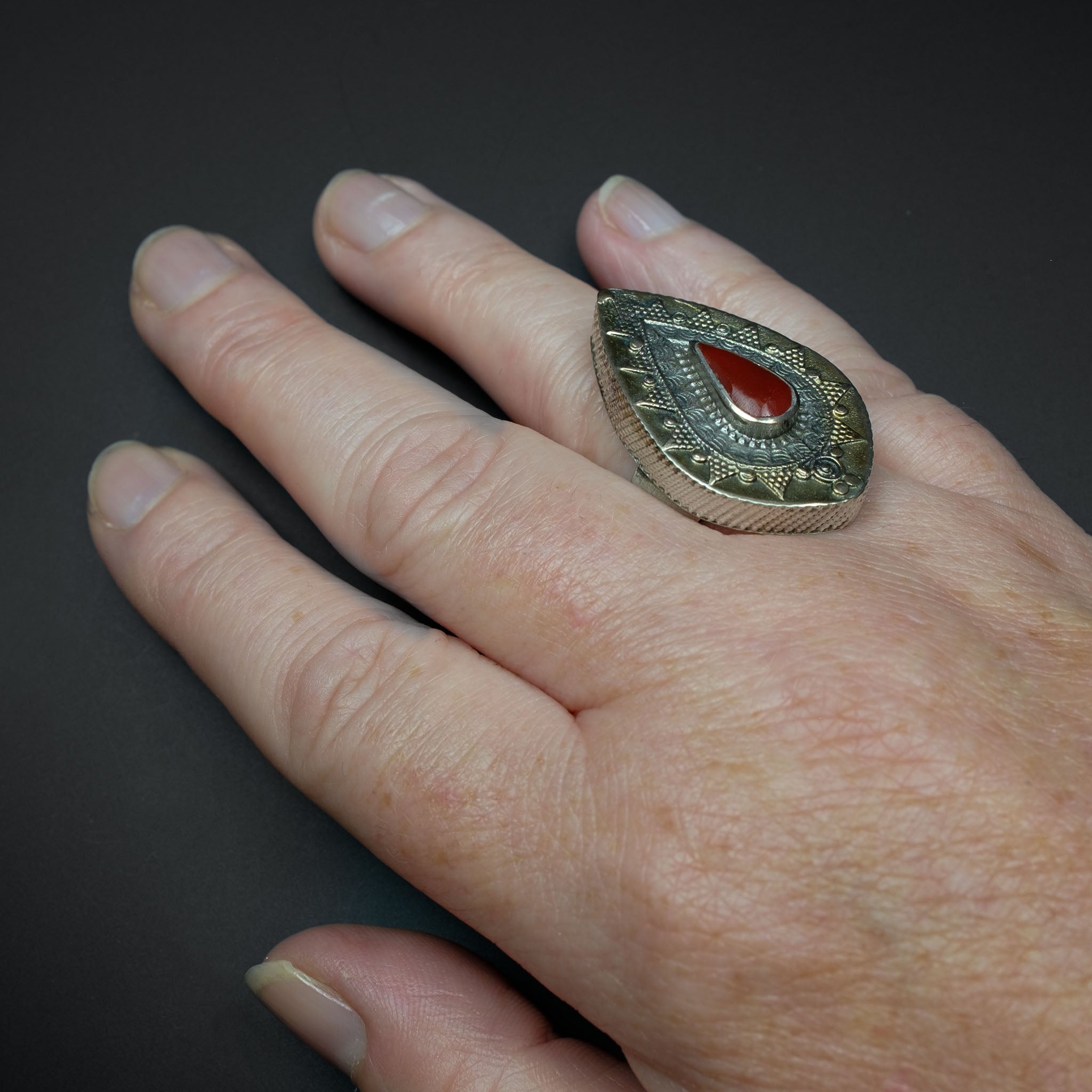 Vintage Silver Gilded Kazakh Teardrop Ring, Central Asia