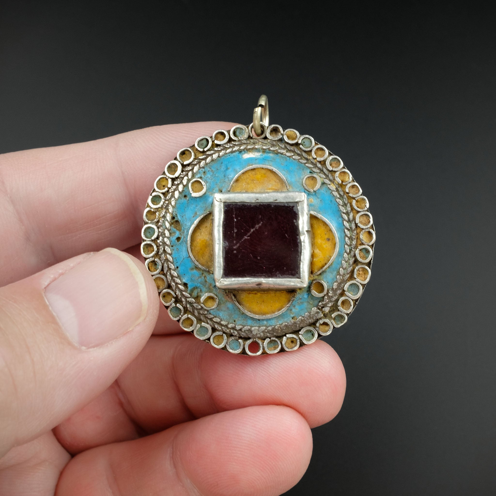 Antique Moroccan Silver Enamelled Pendant - A