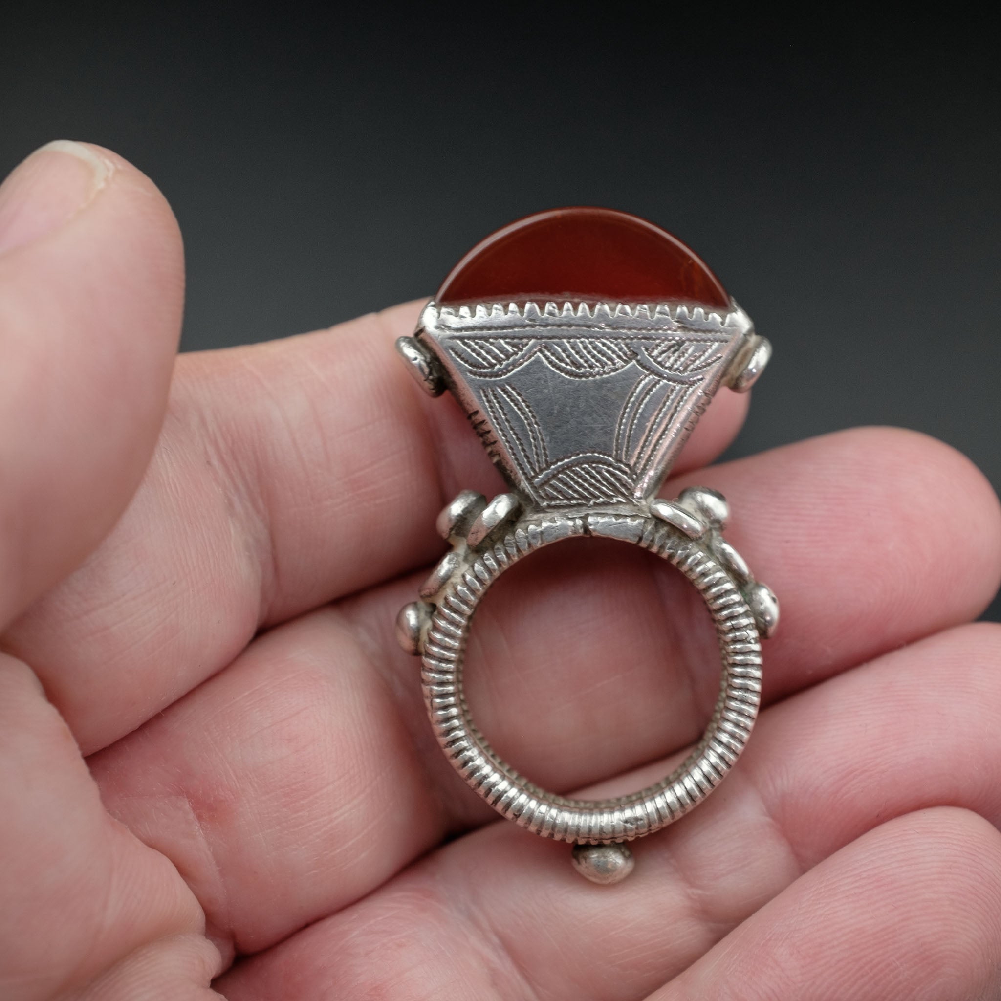 Old Tuareg Silver & Agate Tisek Ring, Mali