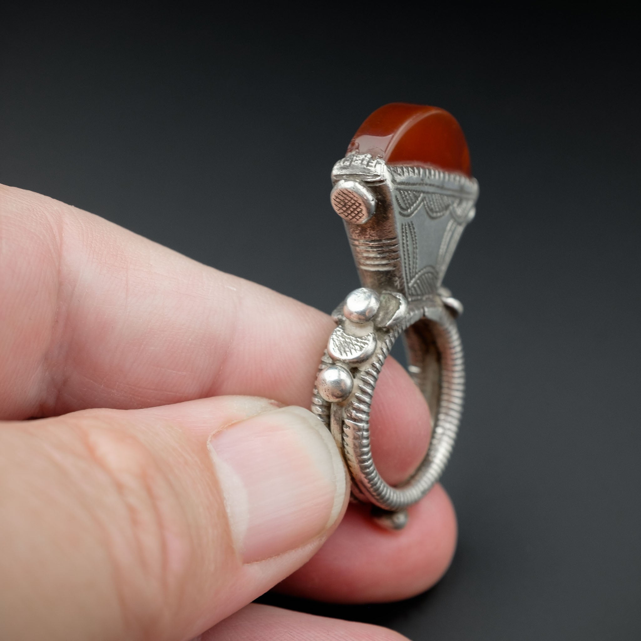 Old Tuareg Silver & Agate Tisek Ring, Mali