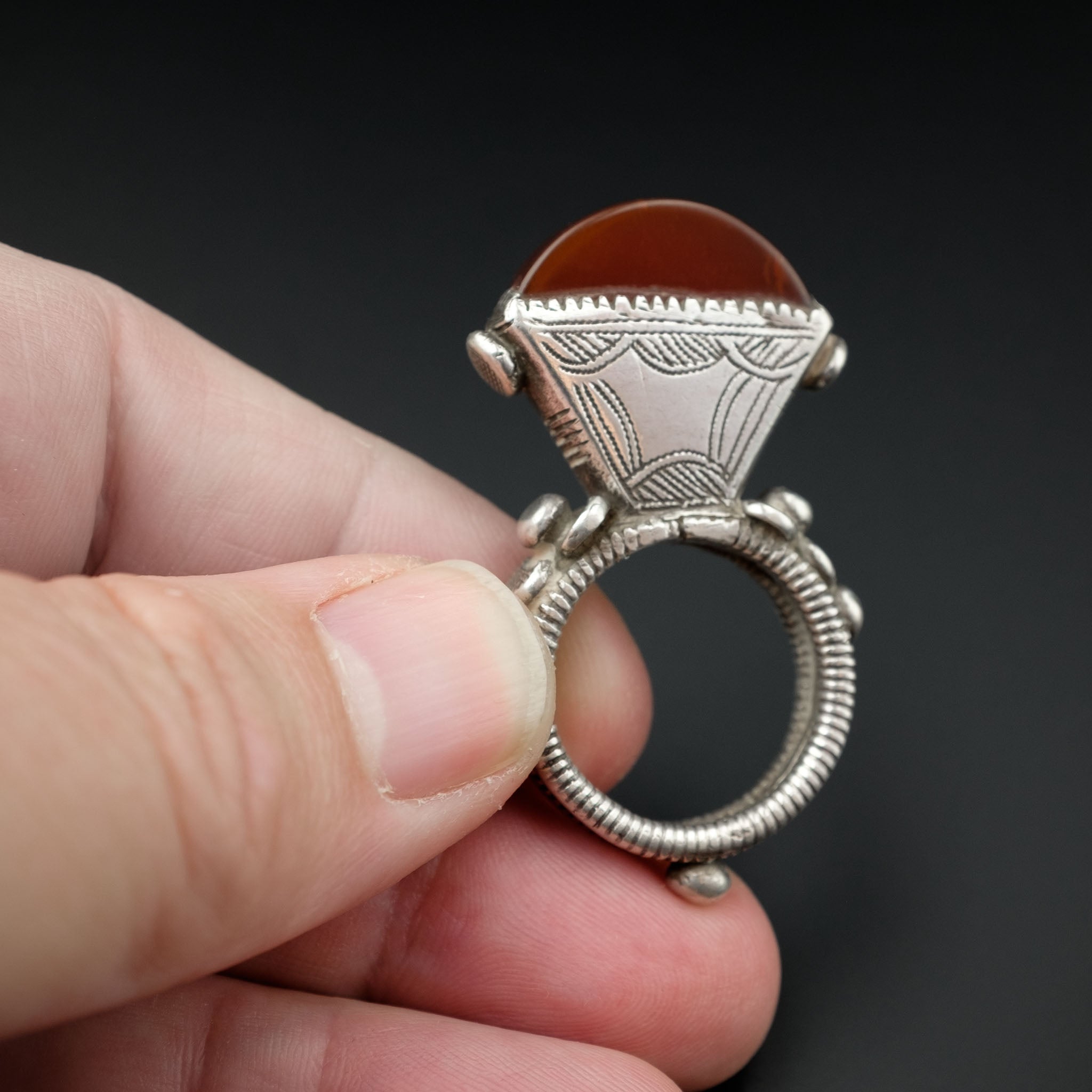 Old Tuareg Silver & Agate Tisek Ring, Mali