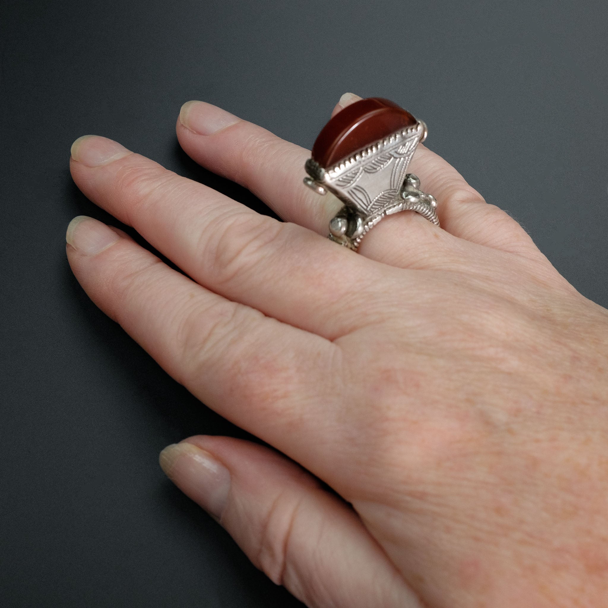 Old Tuareg Silver & Agate Tisek Ring, Mali