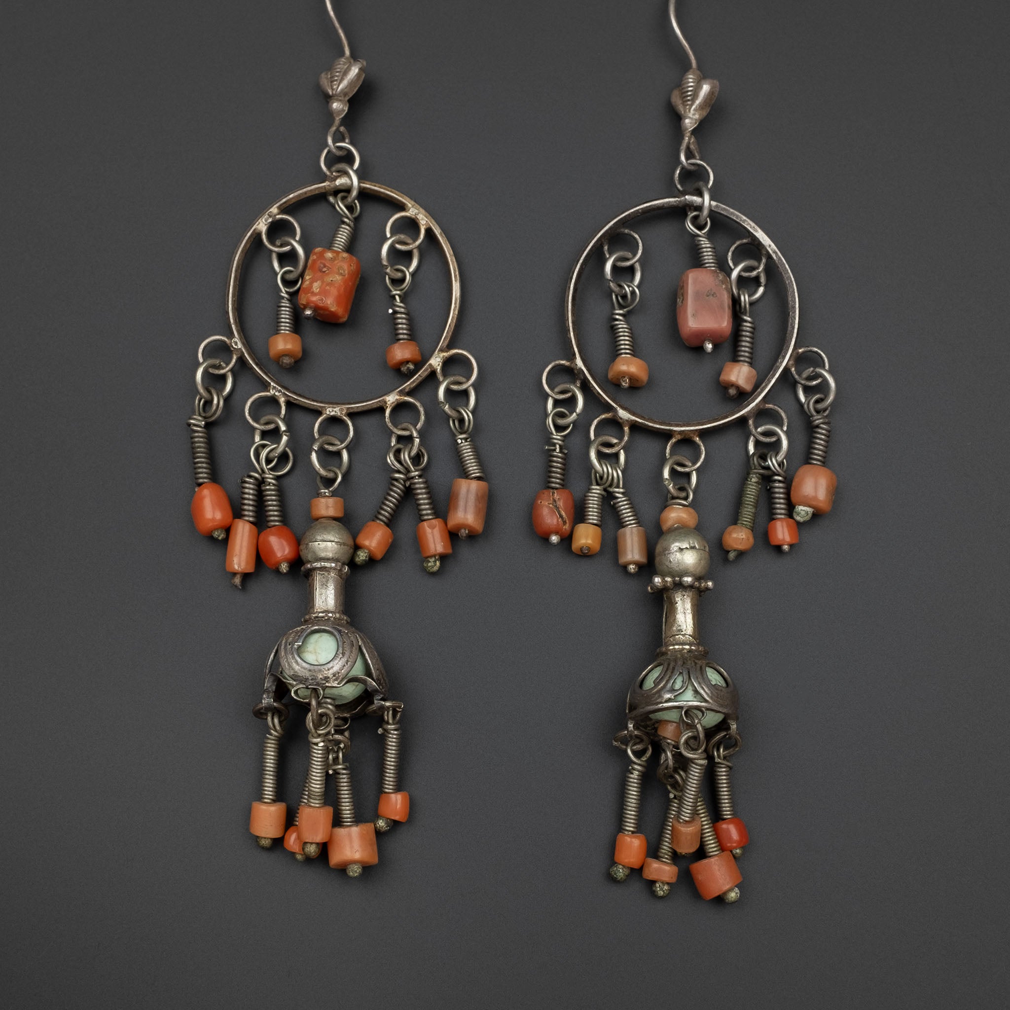 Vintage Silver & Coral Earrings, Uzbekistan