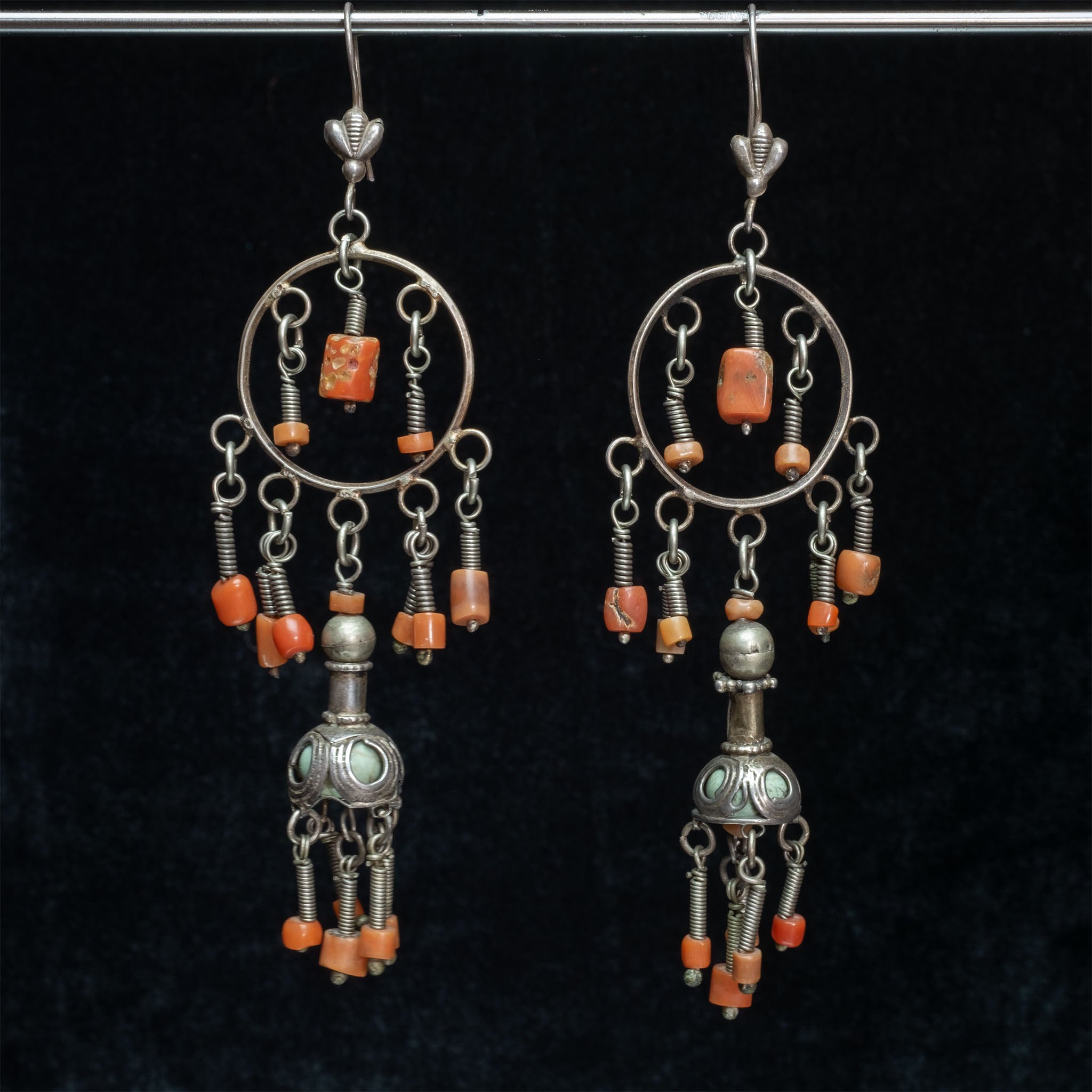 Vintage Silver & Coral Earrings, Uzbekistan