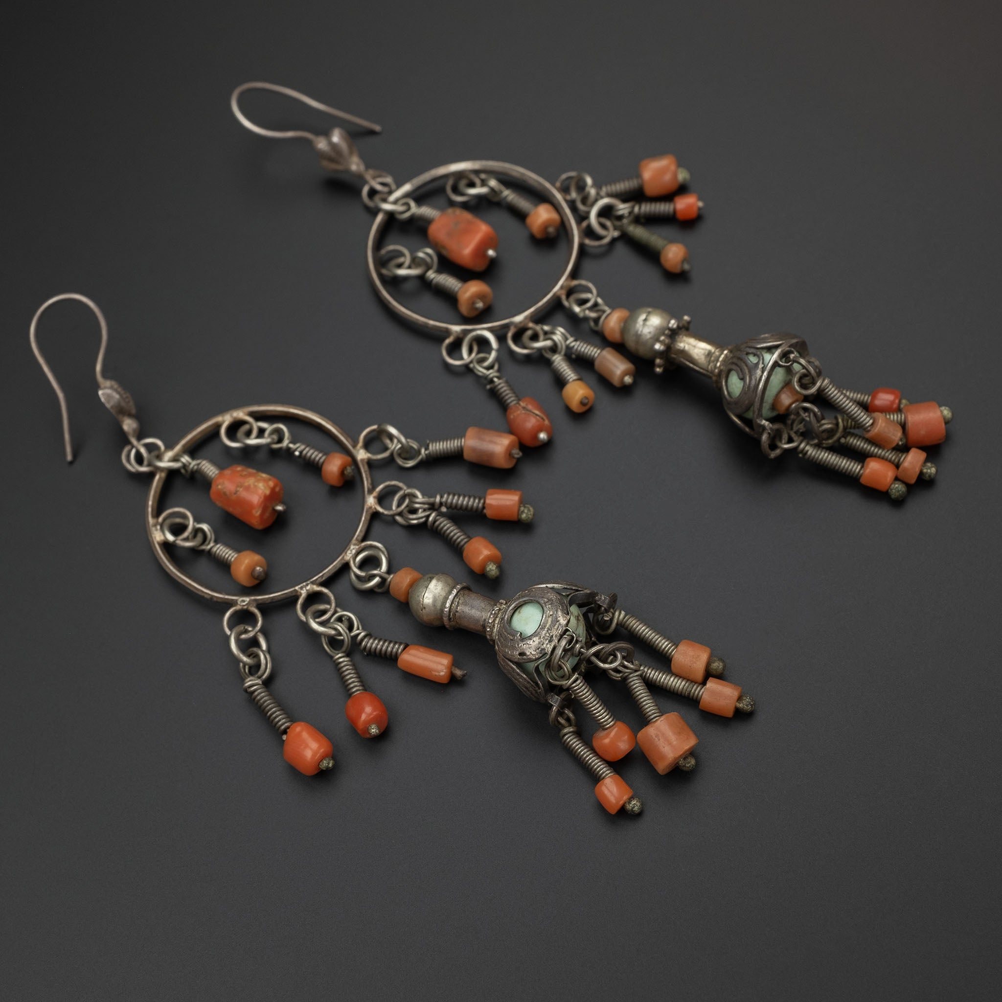 Vintage Silver & Coral Earrings, Uzbekistan