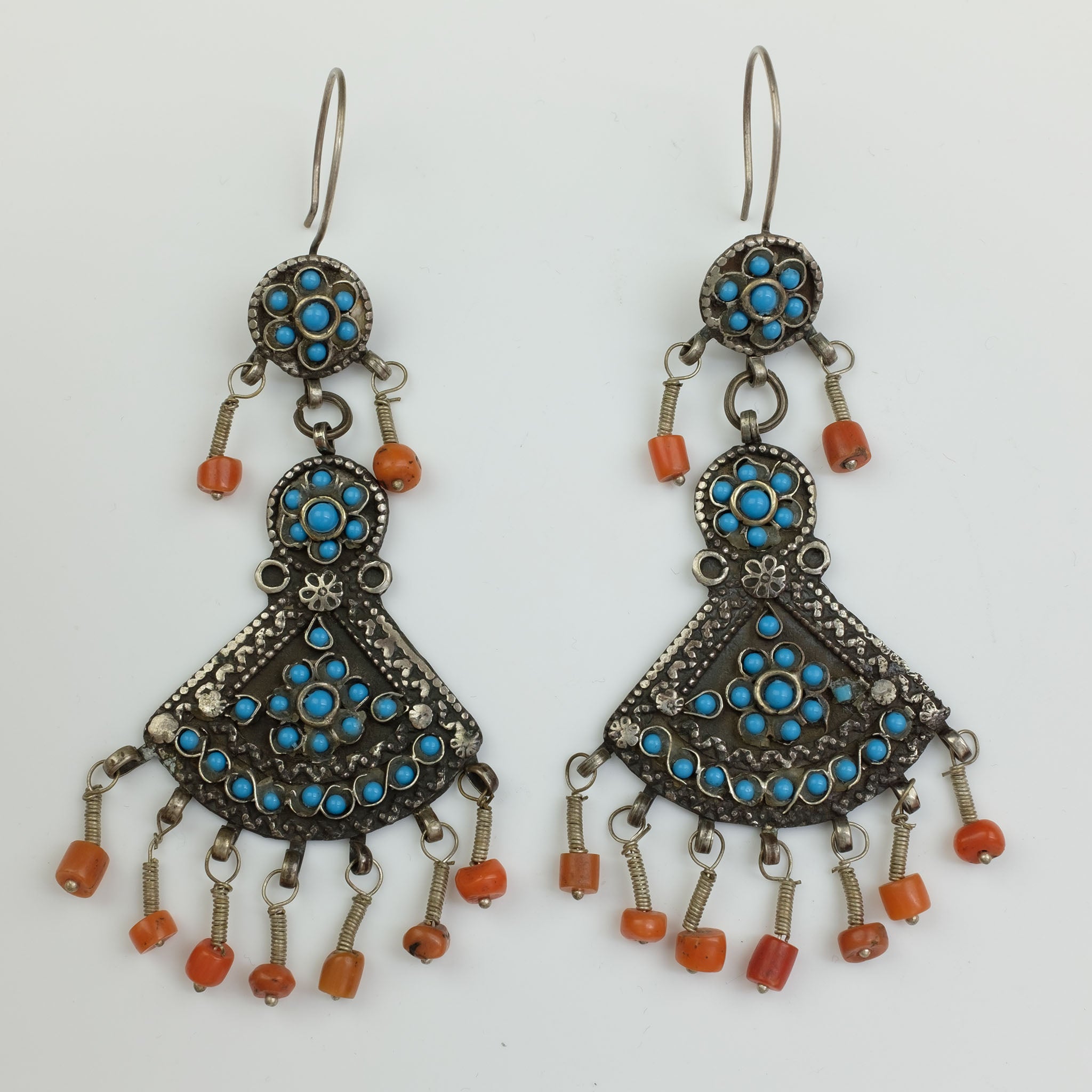 Vintage Silver, Coral & Glass Uzbek Earrings