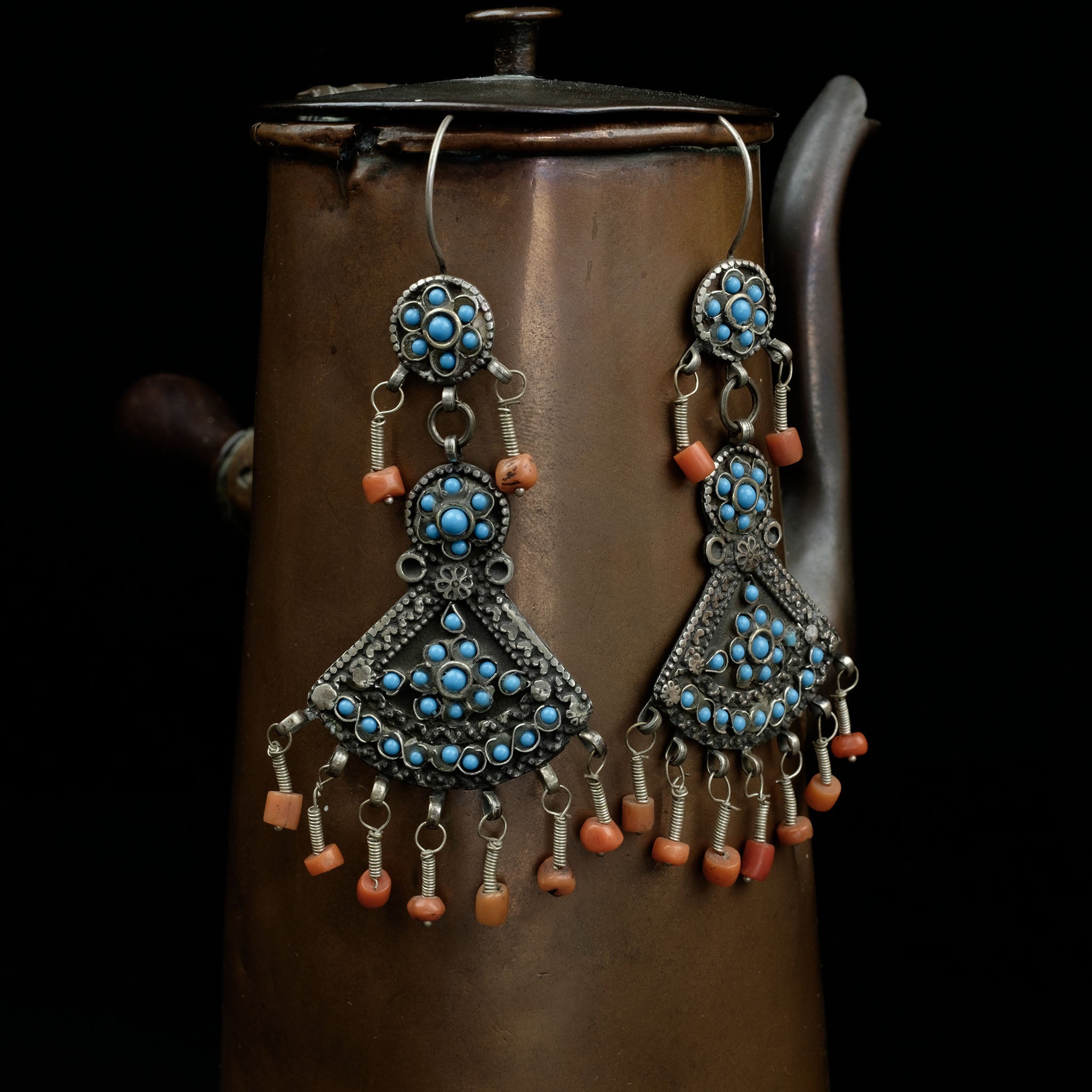 Vintage Silver, Coral & Glass Uzbek Earrings