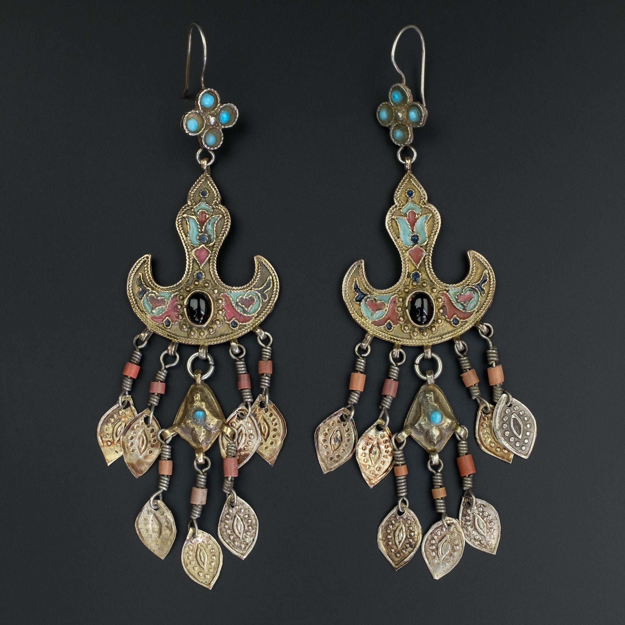 Old Gilded Silver Uzbek Earrings, Central Asia