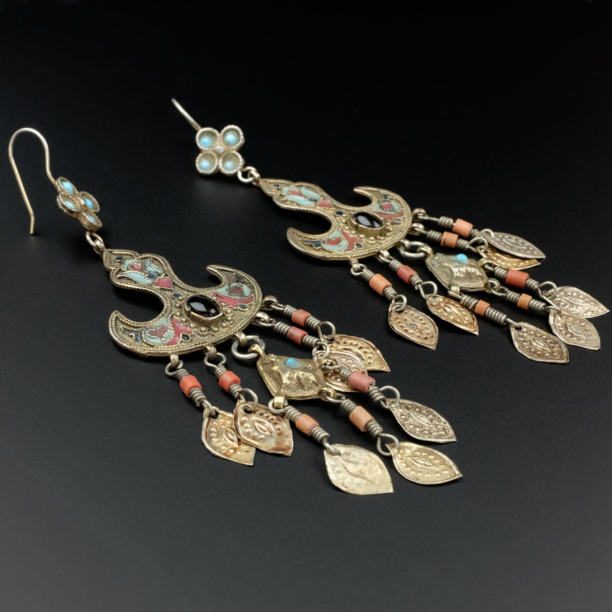 Old Gilded Silver Uzbek Earrings, Central Asia